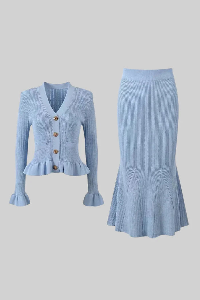 Ruffled Jacket & Flared Skirt Knit Matching Set - Baby Blue