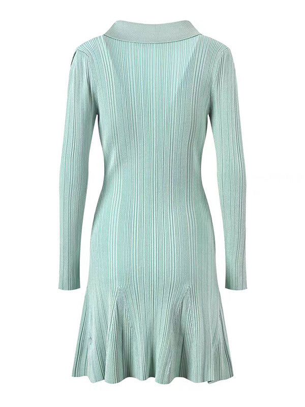 Silhouette polo neck  knitted long-sleeved dress