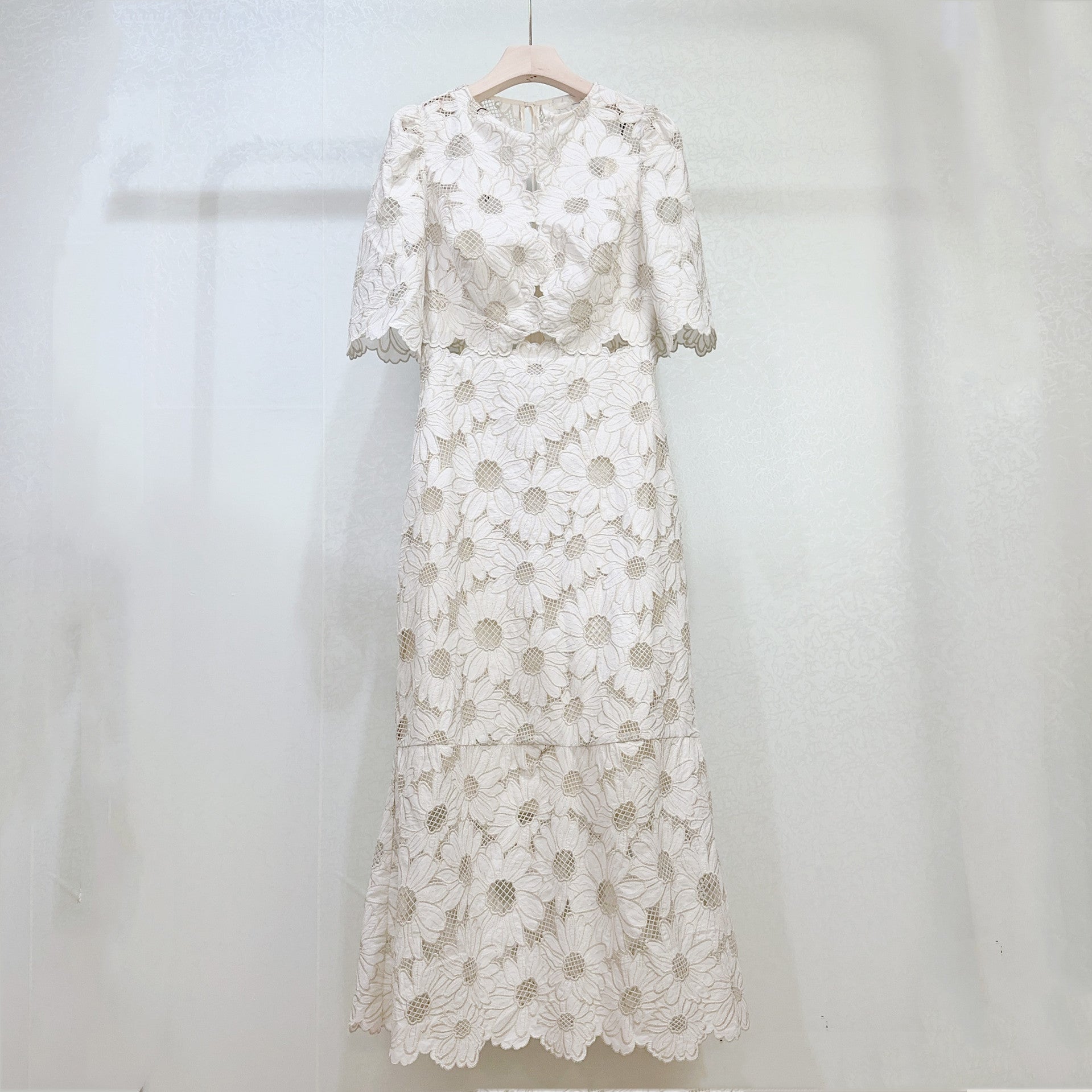 Celestine Embroidered Daisy Lace Midi Dress in Ivory  - White Beige