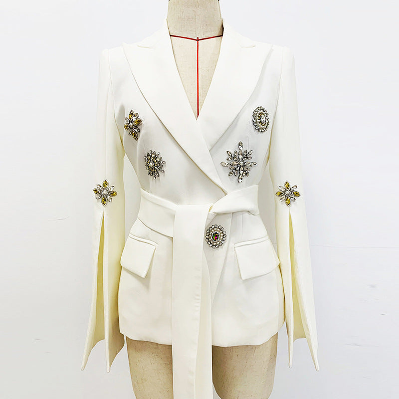 Seraphina Embellished Crepe Blazer with Crystal Accents - White