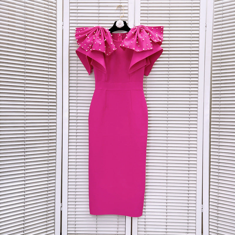 Pink bead bow midi bandage dress