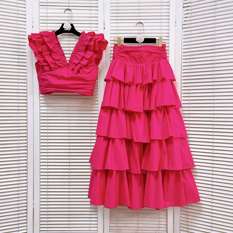 Ruffle vest cake set dress