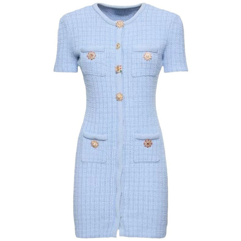 Blue Button Design Short Sleeve Waist Dress