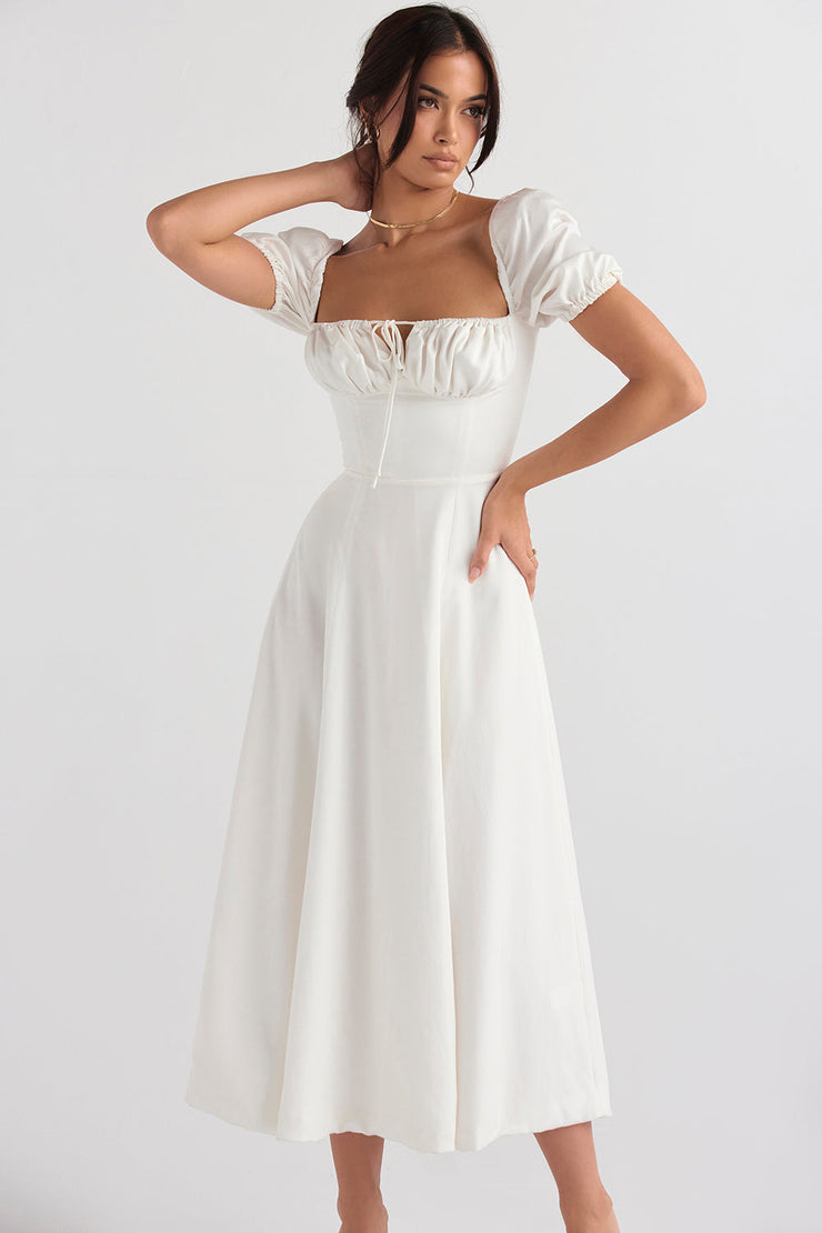 Tallulah White Puff Sleeve Midi Dress - White