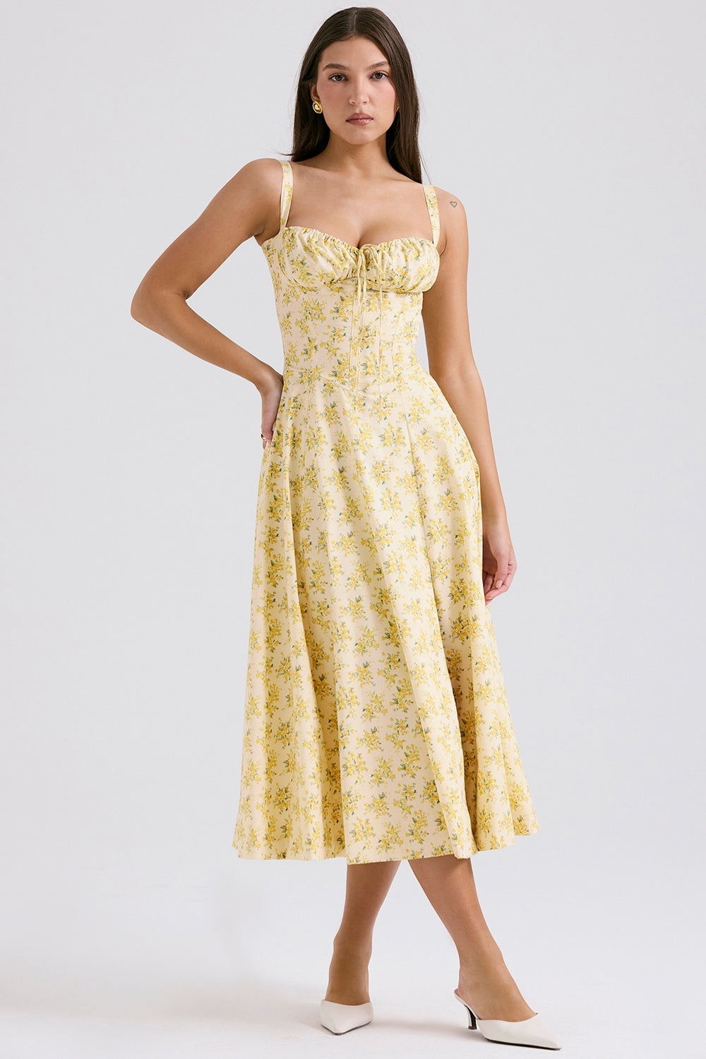 CARMEN BUTTERCUP VINTAGE FLORAL PRINT COTTON BUSTIER SUNDRESS MIDI DRESS - Yellow