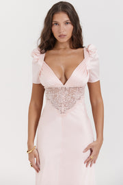 RAFAELA SOFT PEACH PURE SILK & LACE DRESS MAXI DRESS - Pink