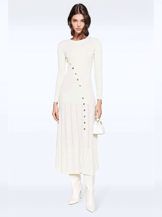 SANDR Rib-Knit Midi Dress  - Beige