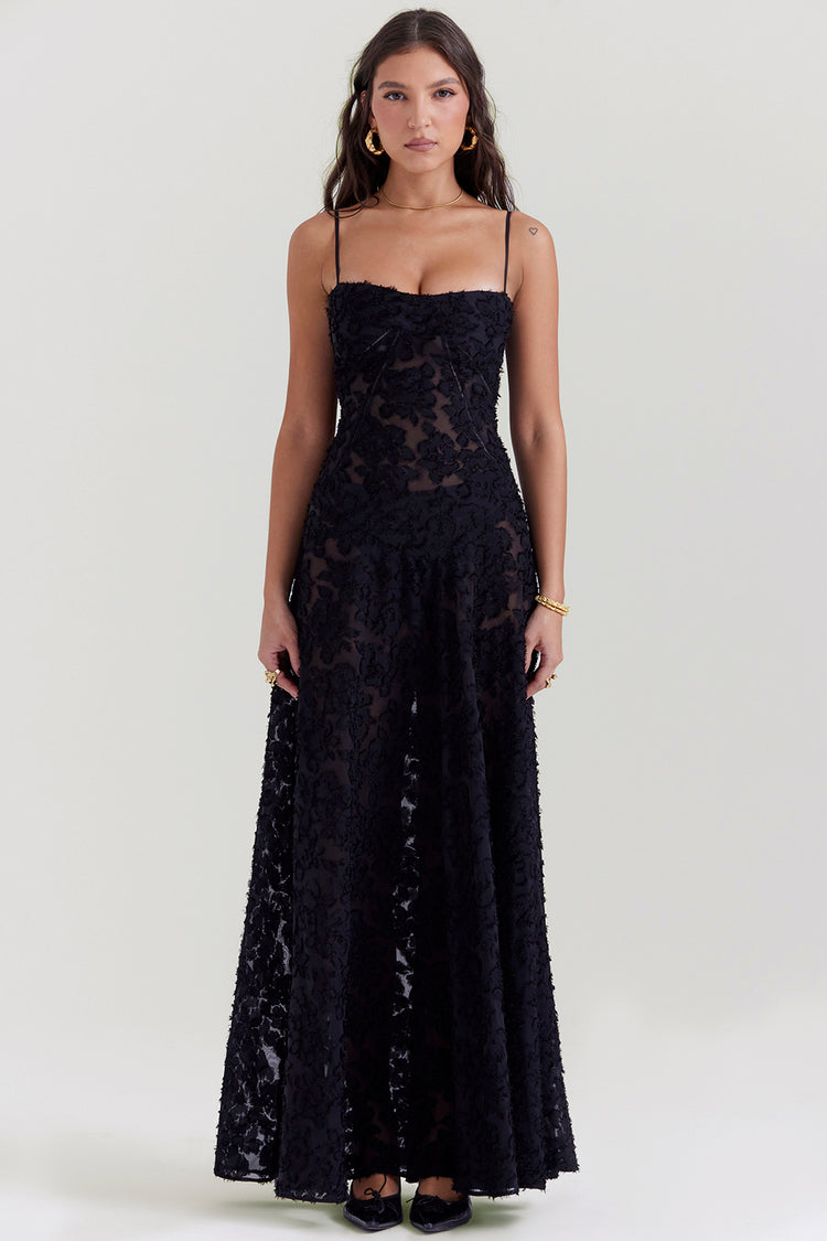 SEREN BLACK FLORAL LACE BACK MAXI DRESS - Black