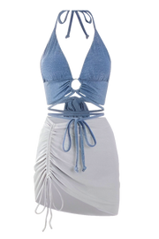 Calypso Blue & Grey Tie-Front Swimwear Skirt Mini Dress Set -