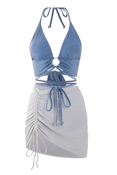 Calypso Blue & Grey Tie-Front Swimwear Skirt Mini Dress Set -