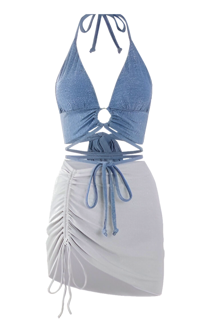 Calypso Blue & Grey Tie-Front Swimwear Skirt Mini Dress Set -