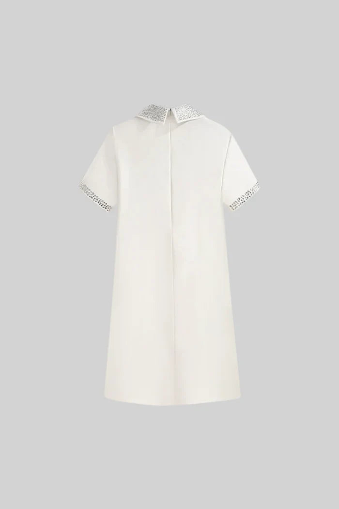 SHORT SLEEVE CLASSIC DRESS WITH JEWEL COLLAR - WHITE