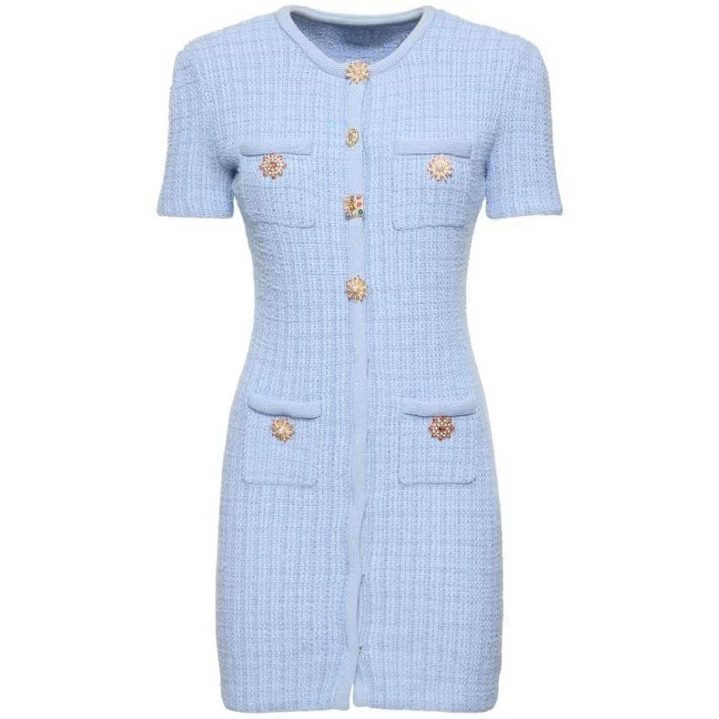 Blue Button Design Short Sleeve Waist Dress