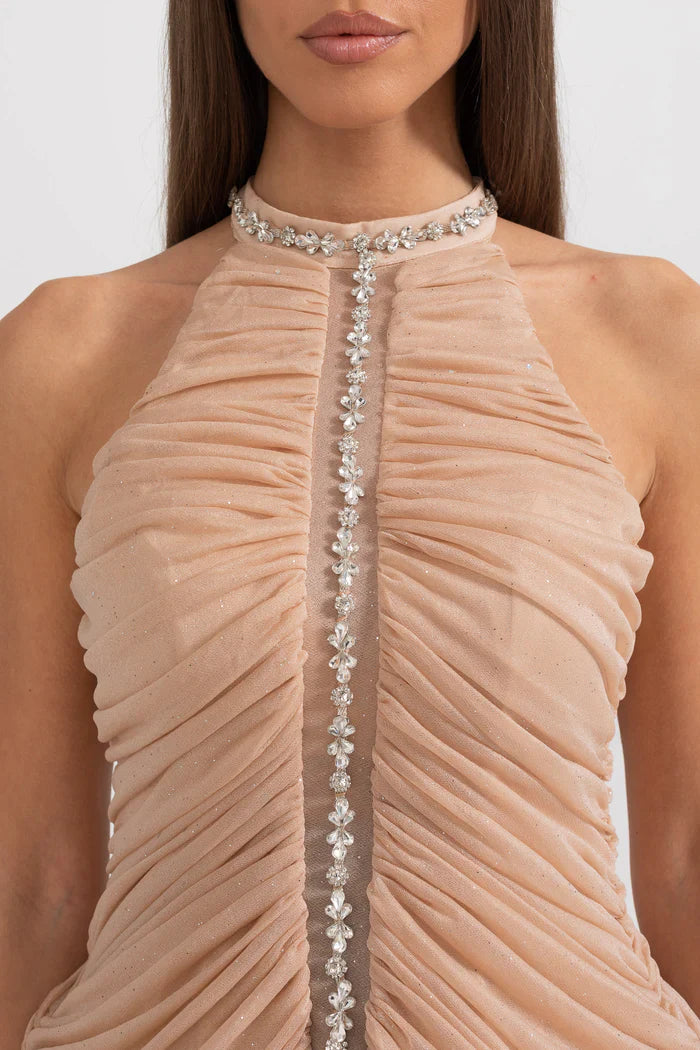 Sleeveless Halter Dress with Pearl Accents