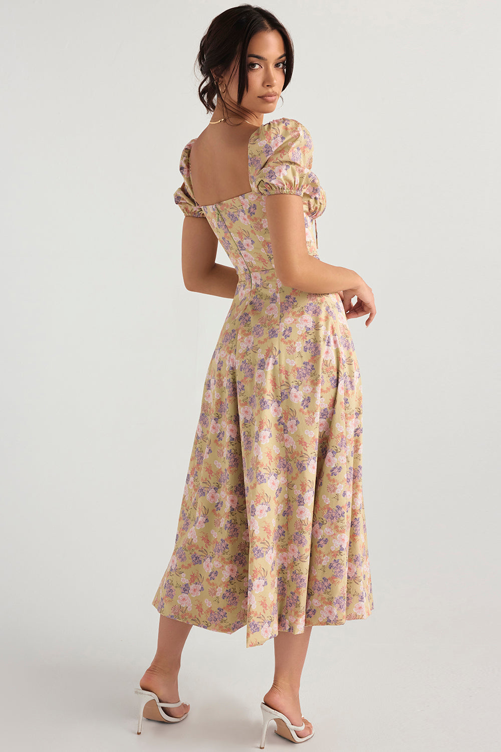 TALLULAH PEONY PRINT FLORAL PUFF SLEEVE MAXI / MIDI DRESS - Beige