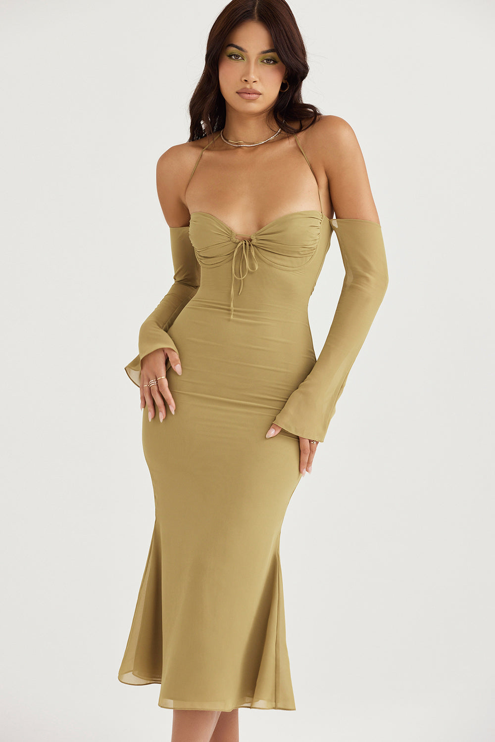 NAOMI OLIVE HALTER MIDI DRESS - Olive green