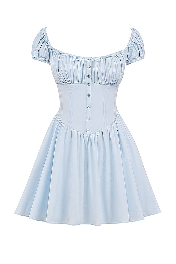 NALA SOFT BLUE COTTON GATHERED MINI DRESS - Blue