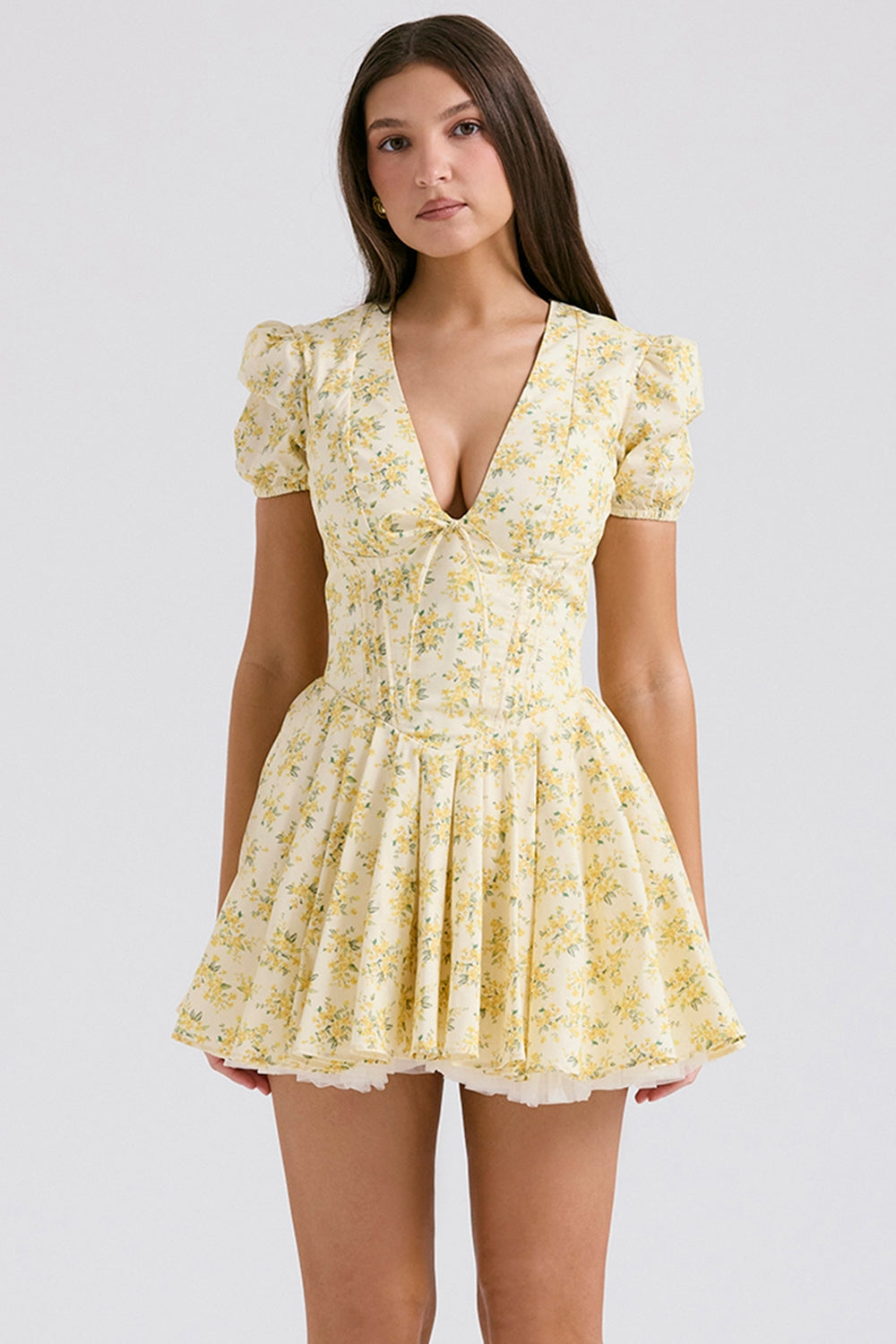 IMANI BUTTERCUP VINTAGE FLORAL PRINT PLEATED COTTON MINI DRESS - Yellow