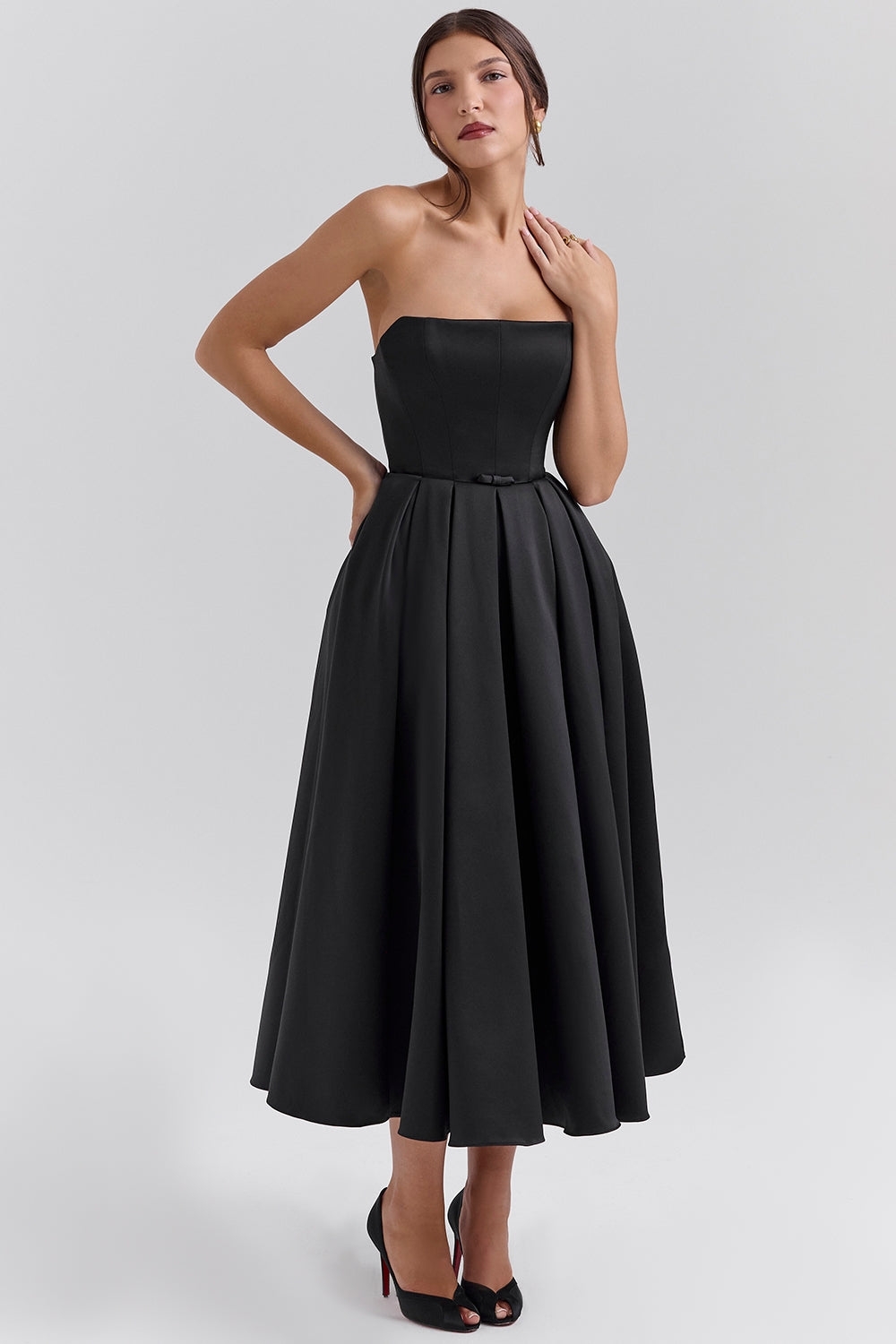 Strapless Satin Corset Midi Dress - Black