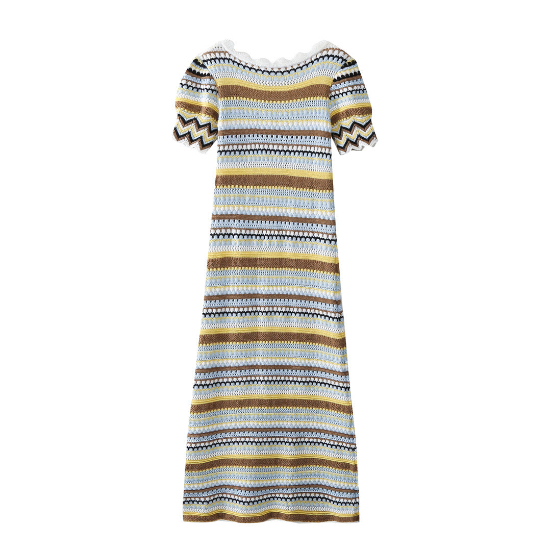 Loretta Striped Crochet Knit Midi Dress - Mustard, Light Blue, and White