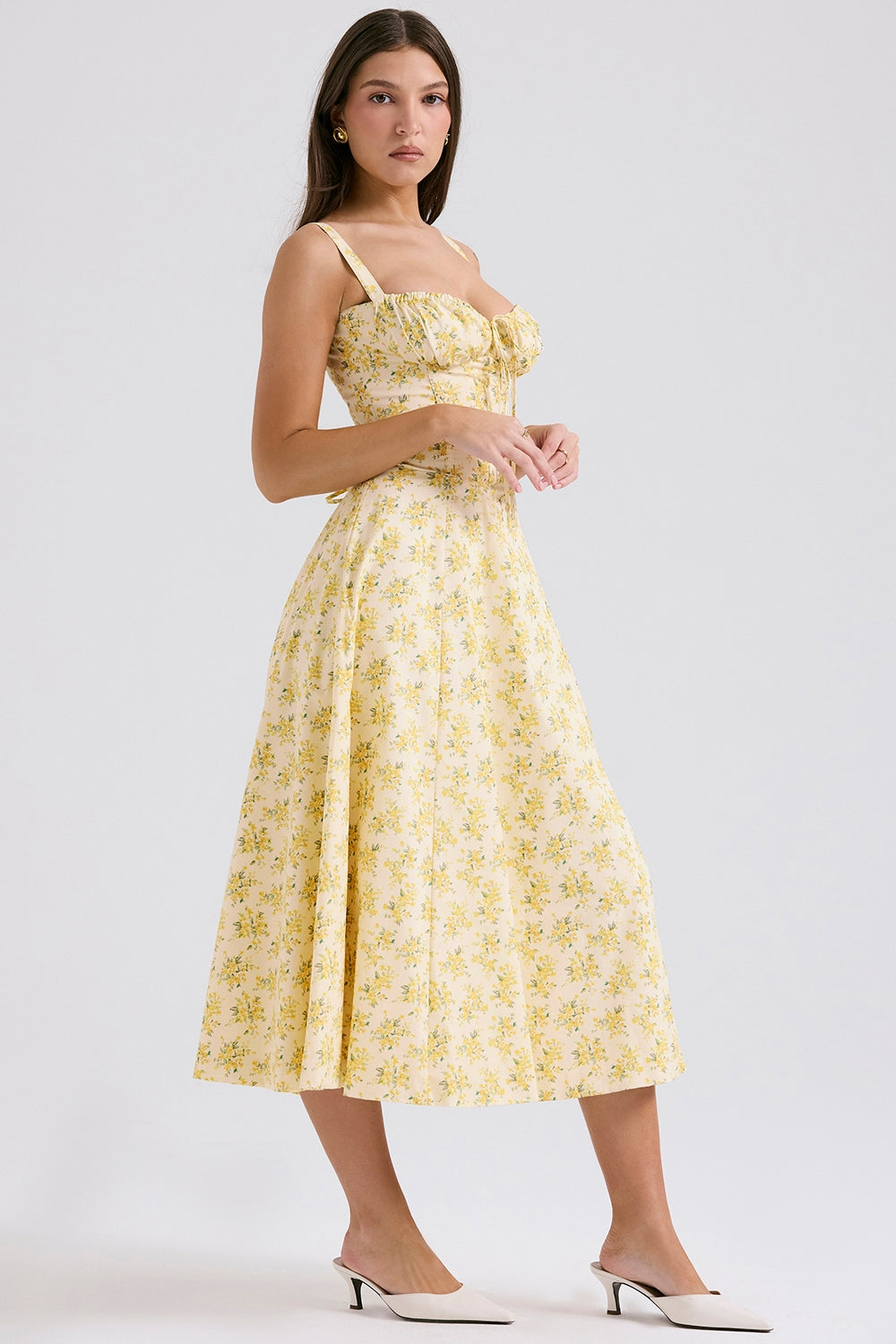 CARMEN BUTTERCUP VINTAGE FLORAL PRINT COTTON BUSTIER SUNDRESS MIDI DRESS - Yellow