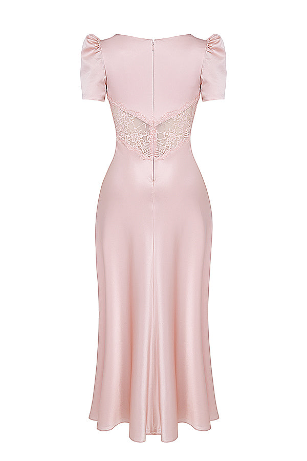 RAFAELA SOFT PEACH PURE SILK & LACE DRESS MAXI DRESS - Pink