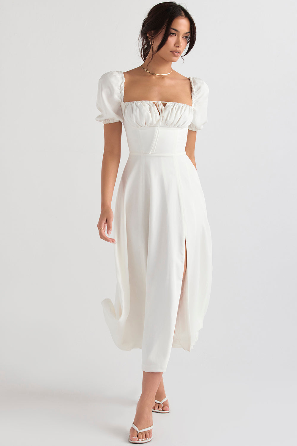 TALLULAH WHITE PUFF SLEEVE MIDI DRESS  - White