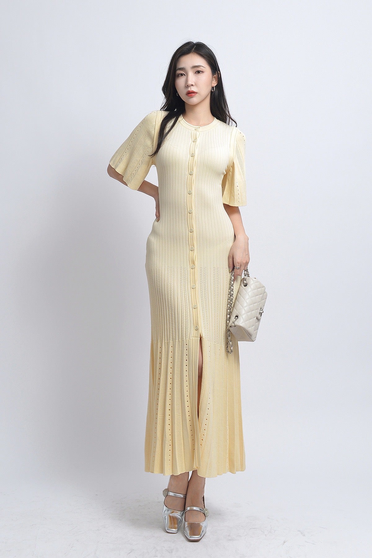 Sandro Fine-knit midi dress with openwork design yellow