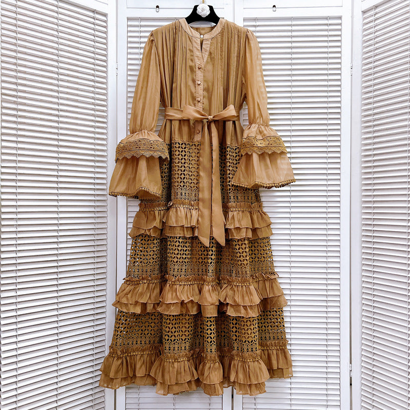 Hollow Ruffle Laminated Bell Dress