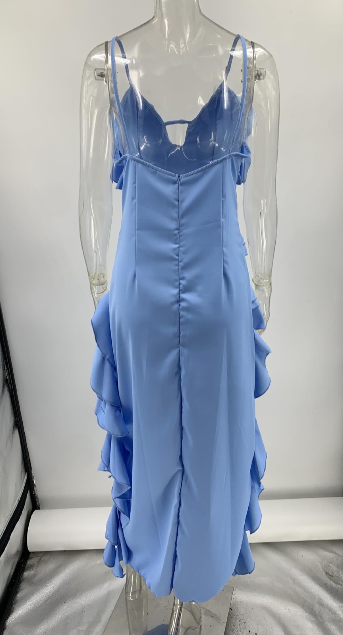 SANTORINI  RAYON  RUFFLE CUT OUT  ASYMMETRIC COCKTAIL MAXI DRESS - Blue