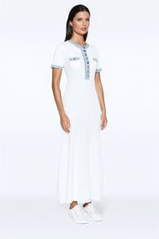 Denim-trim knitted maxi dress - White