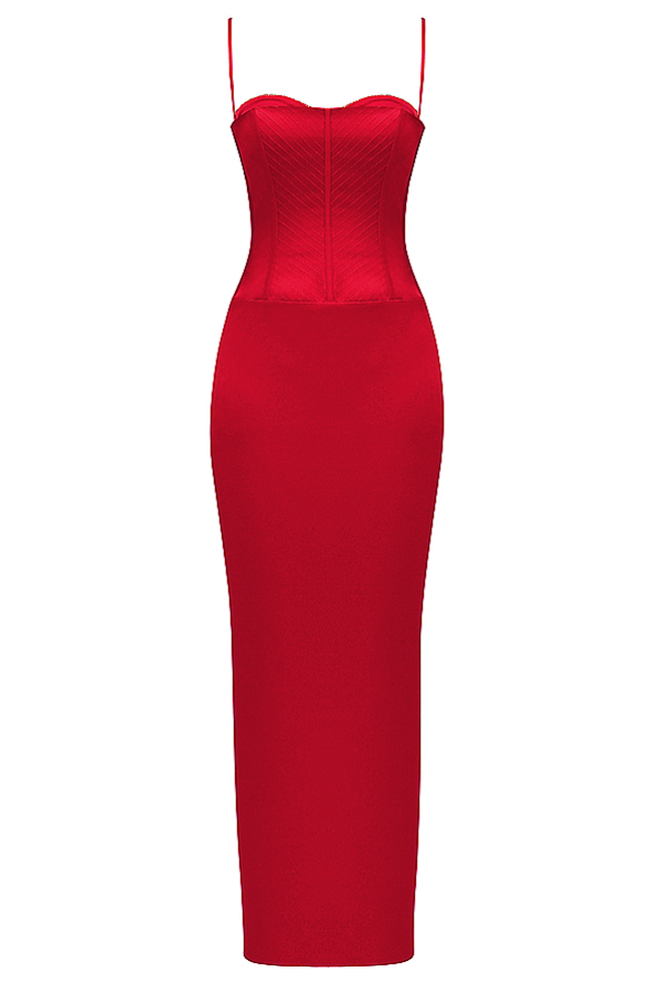 SHANI RED SATIN CORSET MAXI DRESS - Red