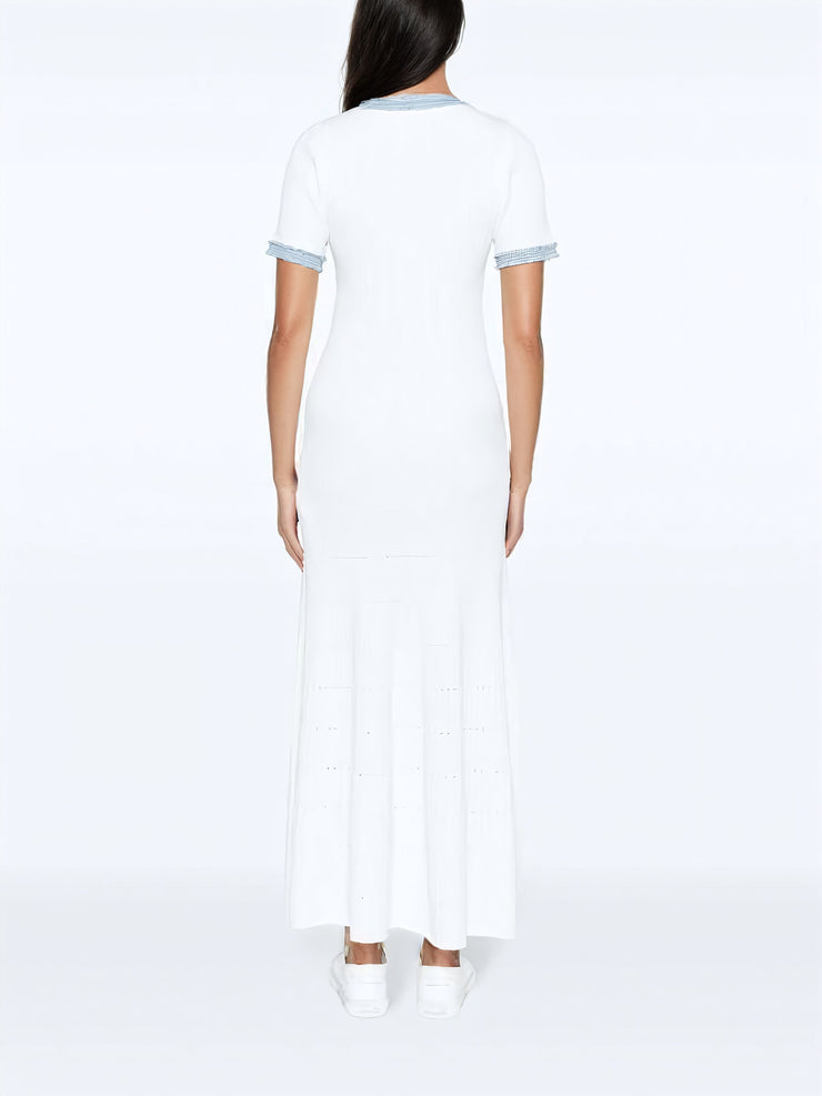 Denim-trim knitted maxi dress - White