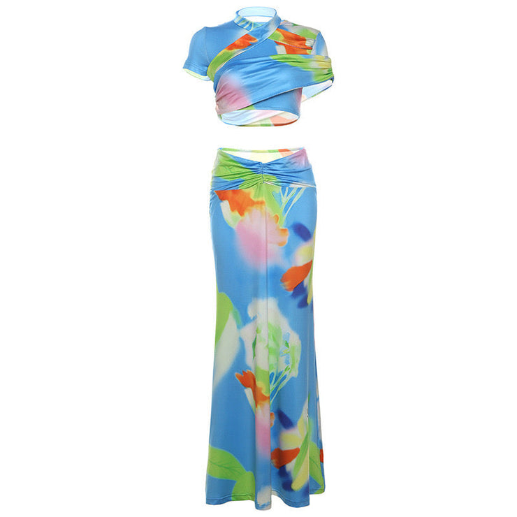 Tani Set Lilies Mermaid Colourful Print Maxi Dress - Blue Dresses