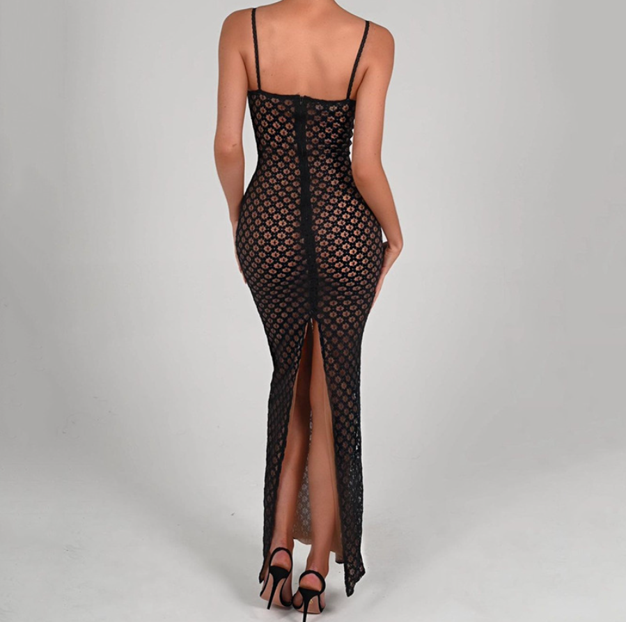 FREYA LACE MESH  MAXI DRESS - Black