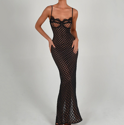 Freya Lace Mesh Maxi Dress - Black Party Dress