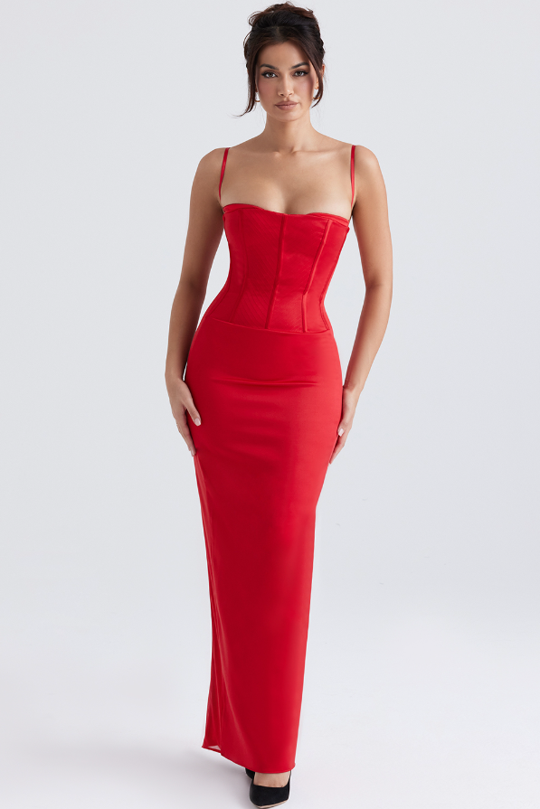 SHANI RED SATIN CORSET MAXI DRESS - Red