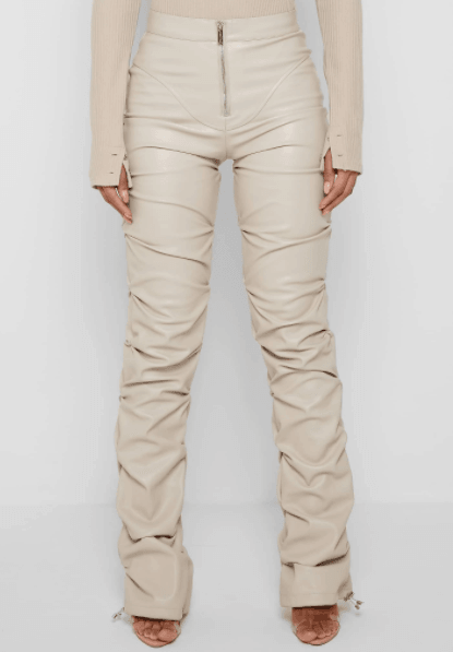 PADDED VEGAN LEATHER FLARED PANTS-BEIGE