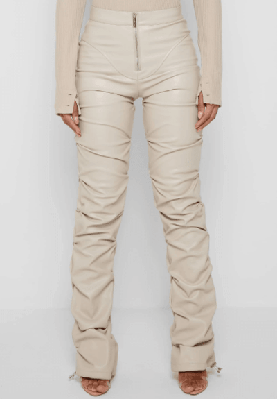 PADDED VEGAN LEATHER FLARED PANTS-BEIGE - MALVI PARIS