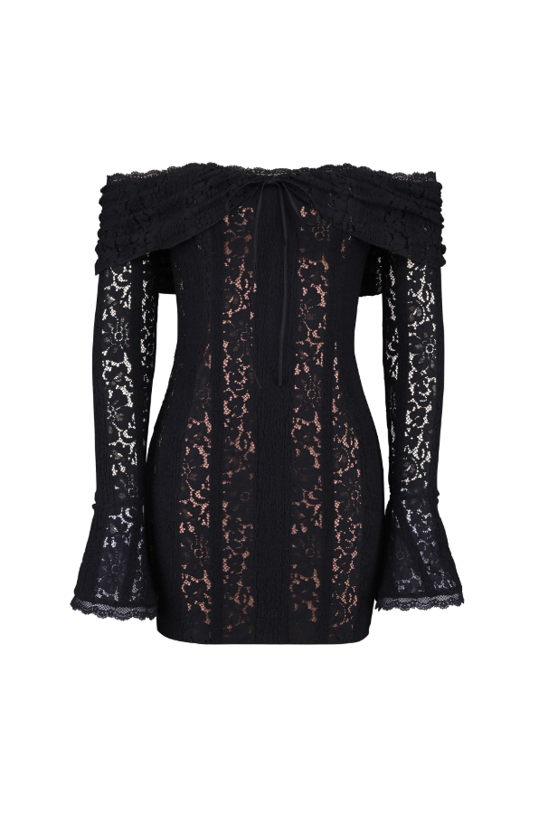 Sadie Black Floral Lace Off Shoulder Mini Dress - BLACK