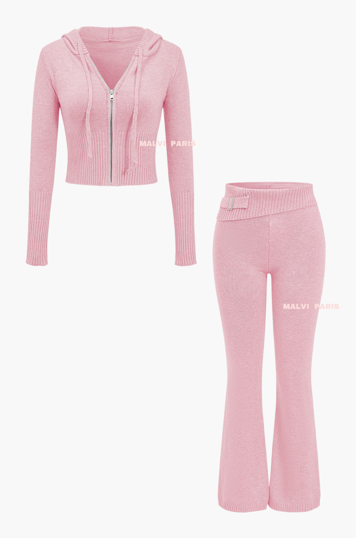 Aimee Zip Up Soft Cloud Knit Hoodie Top and pants set - Valentine Pink