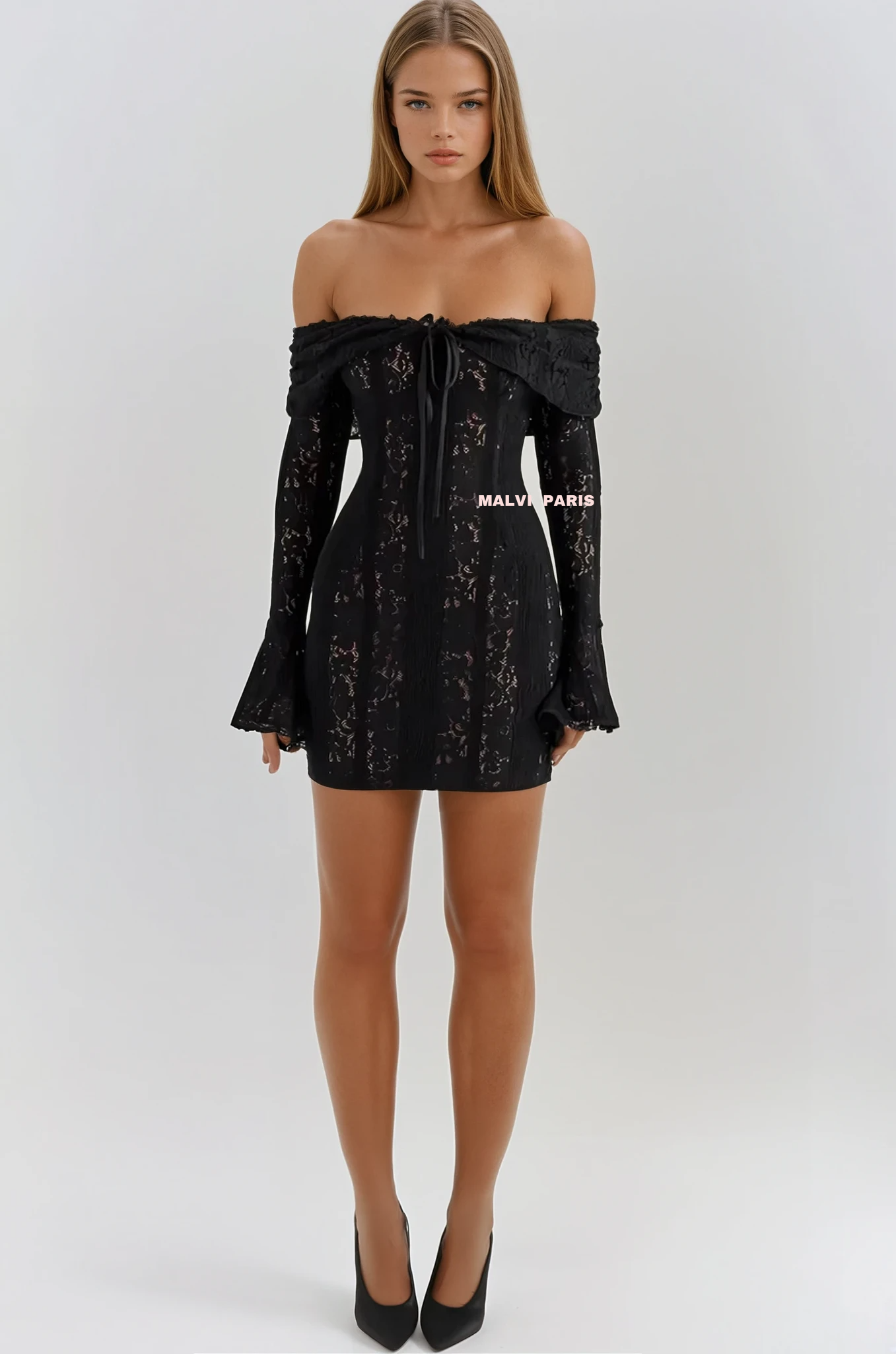 Sadie Black Floral Lace Off Shoulder Mini Dress - BLACK