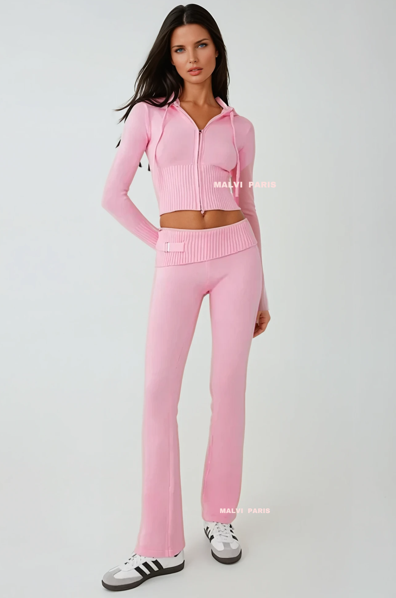 Aimee Zip Up Soft Cloud Knit Hoodie Top and pants set - Valentine Pink