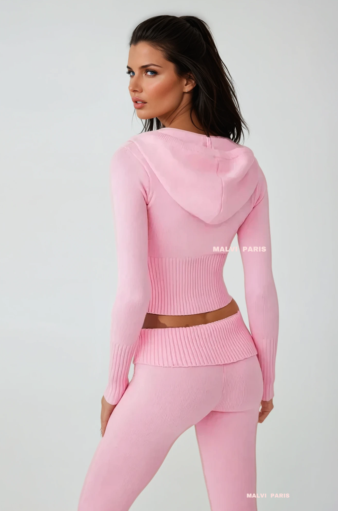 Aimee Zip Up Soft Cloud Knit Hoodie Top and pants set - Valentine Pink