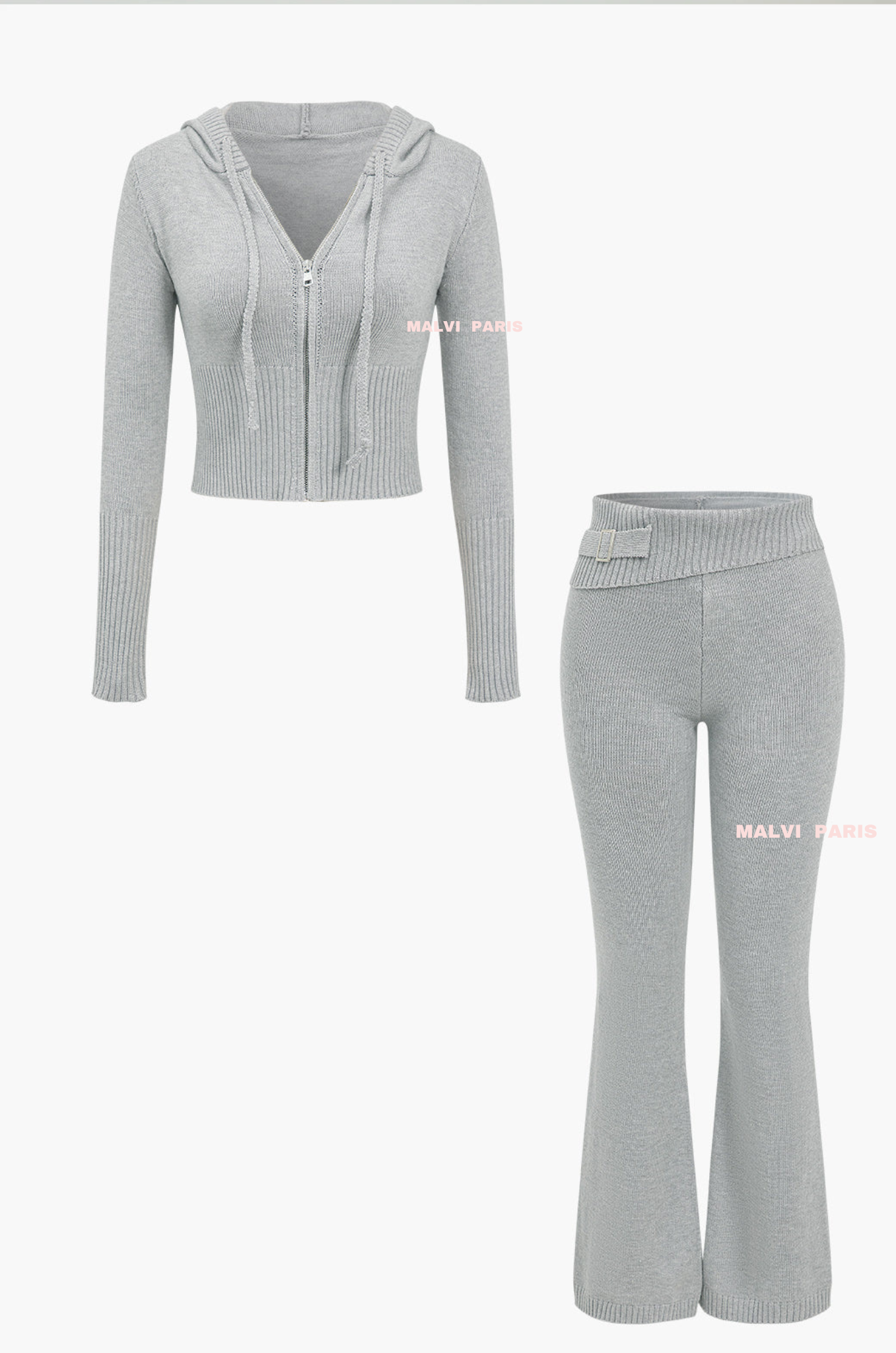 Aimee Zip Up Soft Cloud Knit Hoodie Top and pants set - Grey