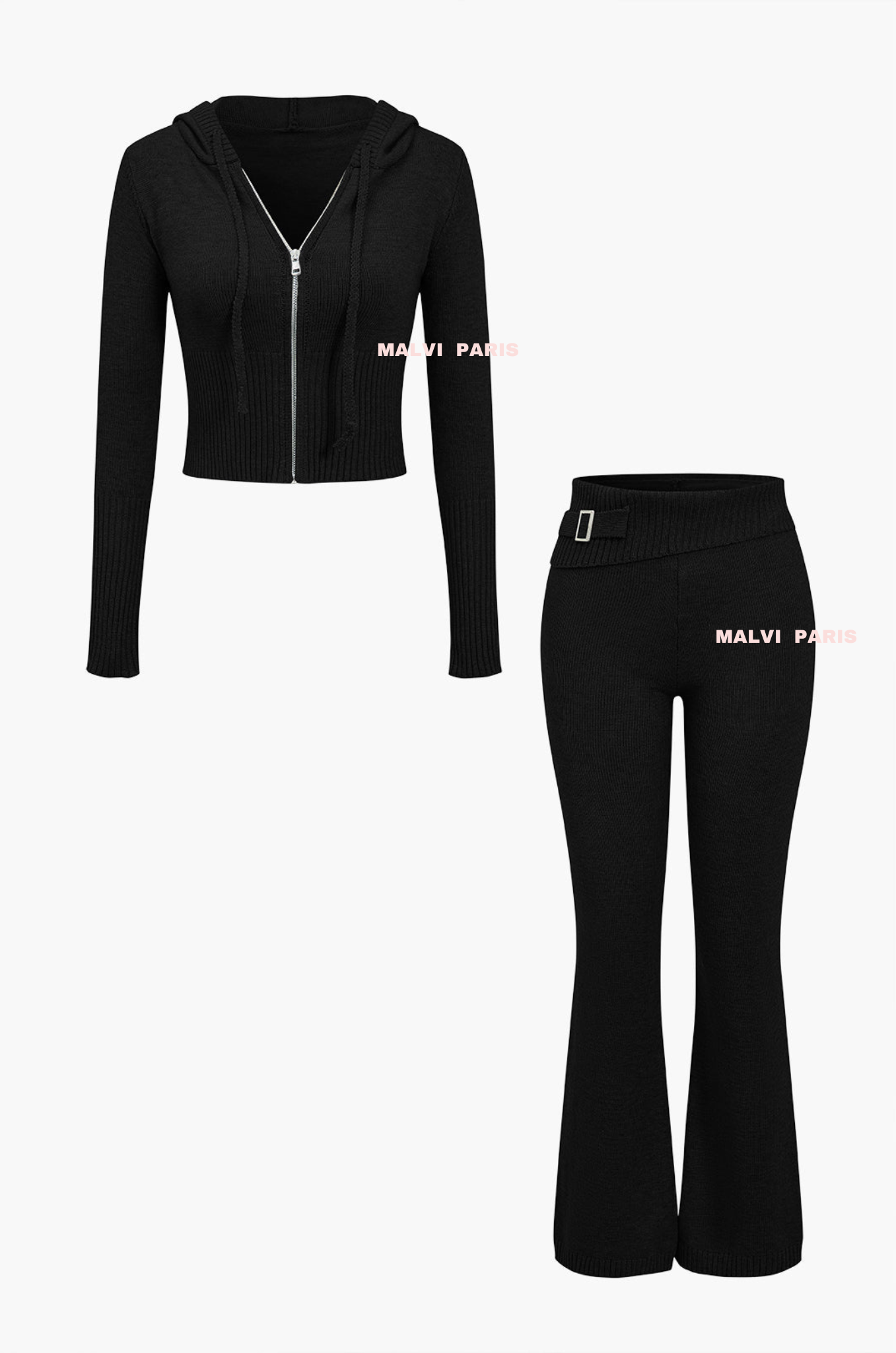 Aimee Zip Up Soft Cloud Knit Hoodie Top and pants set - Jet Black