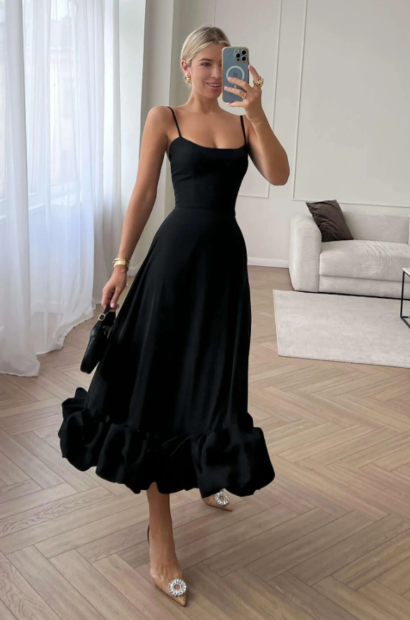 LILOU FLOUNCE BUSTIER RUFFLE MAXI DRESS -  Black