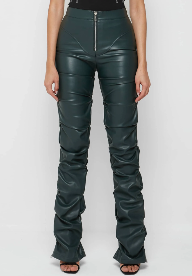 TACKED VEGAN LEATHER FLARED PANTS - DARK GREEN