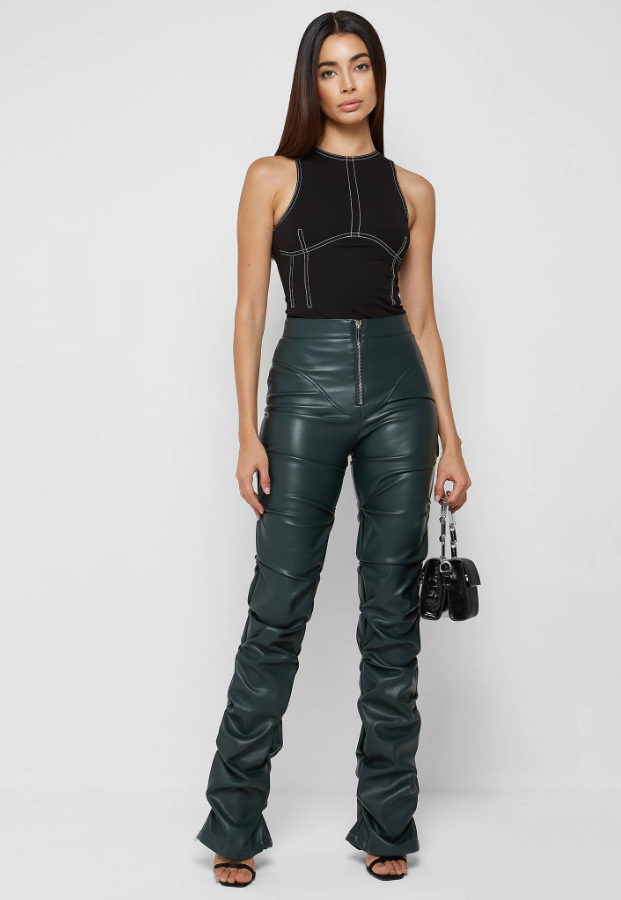 TACKED VEGAN LEATHER FLARED PANTS - DARK GREEN