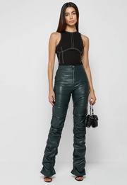 Tacked Vegan Leather Flared Pants - Dark Green Pants